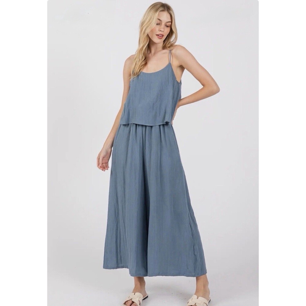 Final Touch Dusty Blue Cami Wide Leg Jumpsuit Relaxed Resort Lounge Small NWOT